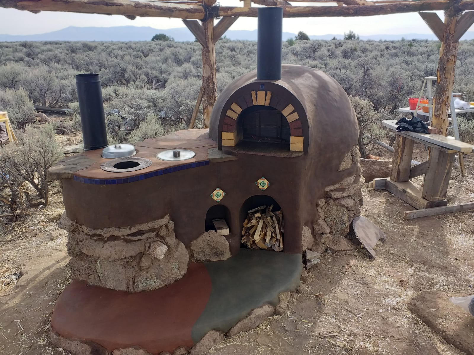 Outdoor Wood-Fired Cooking Complex with Cob Oven & Rocket-Lorena Stove in New Mexico